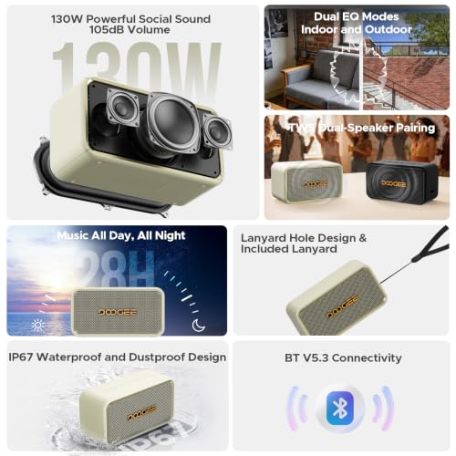 Field Rush Portable Speakers, 130W Peak Wireless Speaker with 2.1 Stereo Sound, Big Sound and Deep Bass, 28H Playtime Outdoor Speaker, IP67 Waterproof, TWS Pairing EQ Modes for Home/Party/Beach White - color: White