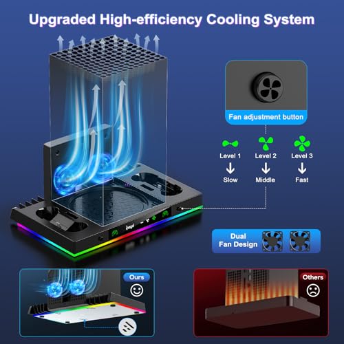 LED Cooling Stand & Charging Station for Xbox Series X Console | Cooling Fan Station for Xbox Series X Accessories with 2X 1400mAh Rechargeable Controller Battery Pack, 15 Light Modes - color: Carbon Black