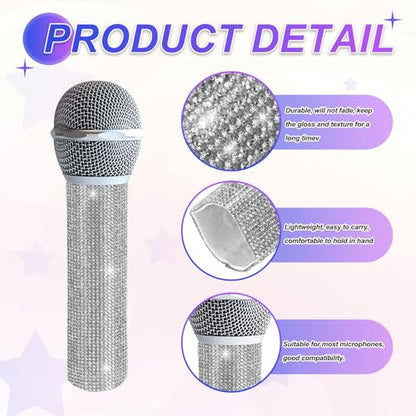 MECCANIXITY Silver Mic Handle Cover, Rhinestones Microphone Handle for Most Universal Wireless Microphones, Mic Not Included(with Black Velvet Bag) - color: Silver Black