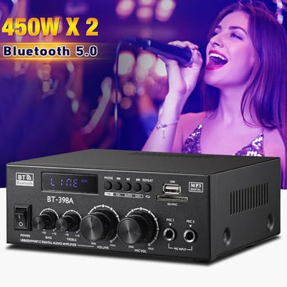Facmogu BT-398A 스테레오 디지털 오디오 앰프, 최대 450Wx2 HiFi 사운드 오디오 파워 앰프 시스템, 홈 시어터 차고용 2.0 채널 수신기 앰프, 섬유/구리 잭 포함, USB/SD/AUX/RCA/MIC in 에코 포함 - style: 최대 450Wx2