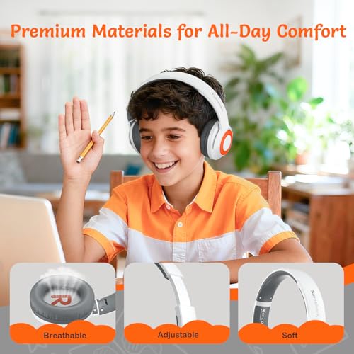 TONOSHARK Kids Bluetooth Headphones with ANC, Wireless Over-Ear Headset | for Boys and Girls, Foldable & Adjustable, Ideal for School, Travel and Online Learning (White) - color: White