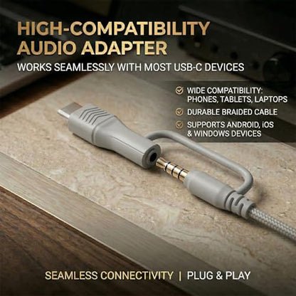 Wired Over-Ear Headphones, Mic, 3.5mm Jack, USB-C Adapter, Silver | Foldable over-ear headphones with soft cushions, inline mic, 3.5mm jack, and USB-C adapter for school, office, and travel. - color: Silver