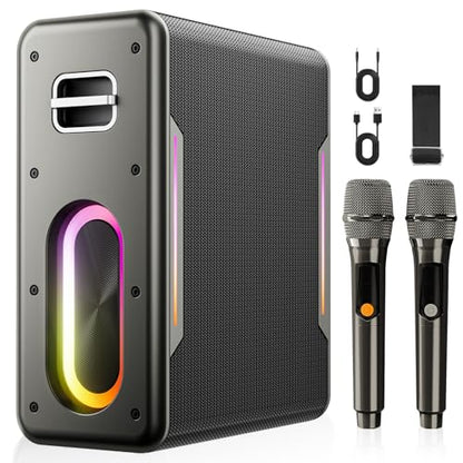 Karaoke Machine for Adults, Portable Bluetooth Karaoke Speaker with 2 Wireless Microphones, 2 Voice Mode & LED Party Lights, Party Birthday Gifts for Kids Family,Supports BT/TWS/AUX/USB/TF