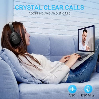 Over Ear Headphones Wireless Bluetooth, Noise Cancelling Headphones Bluetooth with Microphone, Cancelling Wireless Headphone Over Ear, 65h Playtime, Clear Calls, Comfort Fit For Travel (Black) - color: Black