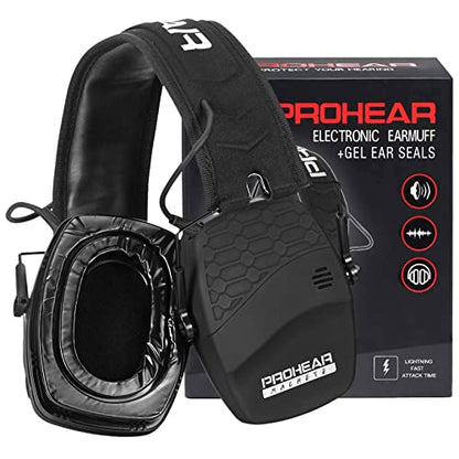 PROHEAR Digital Electronic Shooting Ear Protection Muffs with GEP02 Gel Ear Pads, Hunting 5X Sound Amplification Earmuffs, NRR 23dB Low Profile Hearing Protection for Gun Range - Black - style: Electronic 2.0+gel Ear Pads- Black