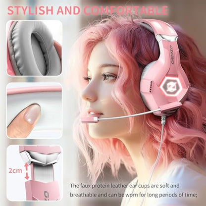 Ozeino Gaming Headset for PC, Ps4, Ps5, Xbox Headset with 7.1 Surround Sound, Gaming Headphones with Noise Cancelling Mic RGB Light Over Ear Headphones for Xbox Series X/S, Switch-Pink - color: Pink