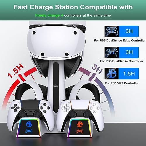 Fastsnail PS VR2 / PS5 / PS5용 RGB 충전 스테이션, LED 조명 10개 포함 | 플레이스테이션 5용 5V/3A 어댑터가 있는 무선 컨트롤러 충전기 도크, VR2 헤드셋 홀더가 있는 충전 스탠드