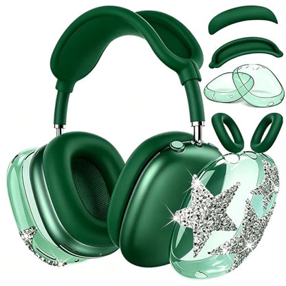 [4 in 1] Case Cover for AirPods Max 2/1 (2026/2024/2020) Ear Pad Case Cover/Headband Cover/Ear Cups Cover with Bling Star for Apple AirPods Max Headphones (Dark Green Star) - color: Dark Green Star