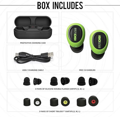 ISOtunes Free 2.0 Bluetooth Hearing Protection, OSHA Compliant Work Earbuds | 25 dB NRR, wireless earplug headphones, OSHA approved, true wireless Bluetooth, designed for work - color: Safety Green