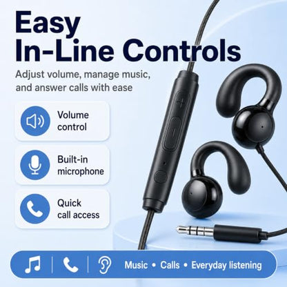 Wired Clip-On Headphones that are Comfortable for Long Wear, Compatible with Phones, Computers, Gaming, Live Streaming, Karaoke, Featuring in-Line Controls with a Microphone for Calls