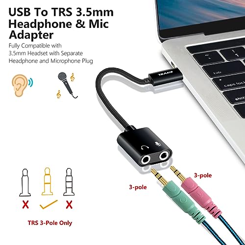 USB to 3.5mm Audio Adapter, External Stereo Sound Card | Dual TRS 3-Pole 3.5mm Headphone and Microphone Jack for PS4/PS5/PC/Laptop, Built-in Chip Mic-Supported Headphone Adapter - color: Black Pro