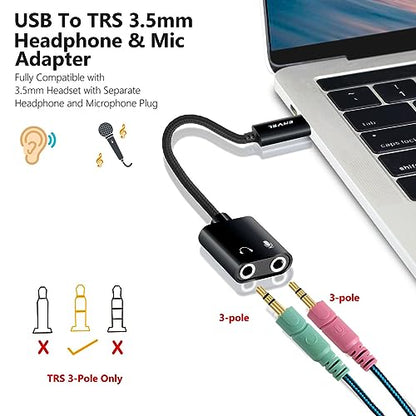 USB to 3.5mm Audio Adapter, External Stereo Sound Card | Dual TRS 3-Pole 3.5mm Headphone and Microphone Jack for PS4/PS5/PC/Laptop, Built-in Chip Mic-Supported Headphone Adapter - color: Black Pro