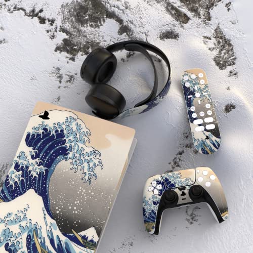 PlayVital Great Wave Dual Side Full Set Skin Decal for ps5 Console Digital Edition, Sticker Vinyl Decal Cover for ps5 Controller & Charging Station & Headset & Media Remote - color: Great Wave Dual Side