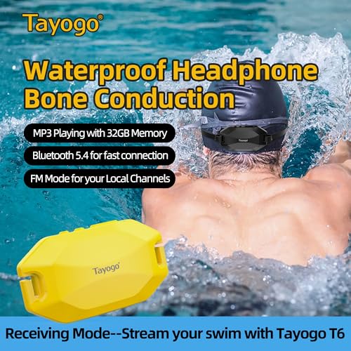 Tayogo Rock PRO W24 Swimming Headphones – Bone Conduction Waterproof Headphones for Swimming, 4-in-1 MP3 Player 32GB, Bluetooth 5.4, FM Radio (Yellow) - color: Yellow