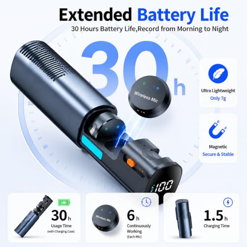 Wireless Lavalier Microphone, USB-C, 2-Channel, Clip-on Mic with Charging Case,Coin-Sized Invisible Mic，40H Battery, Noise Cancellation for iPhone Android Recording YouTube TikTok Live Streaming