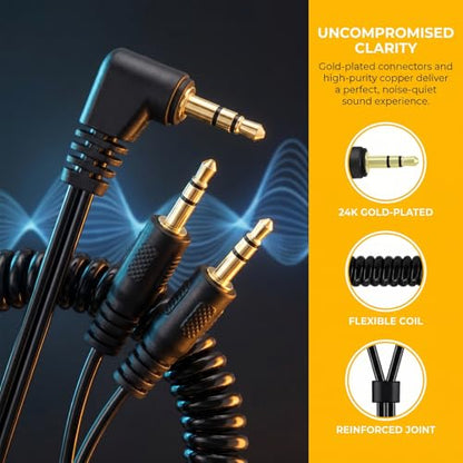 Yeebline 90 Degree 3.5mm Male to 2 Male Audio Splitter Coiled Cable, 2 Way 1/8" TRS Spring Aux Y Splitter Cord for Headphone and Speaker Sharing, Compatible with Phones, Laptops