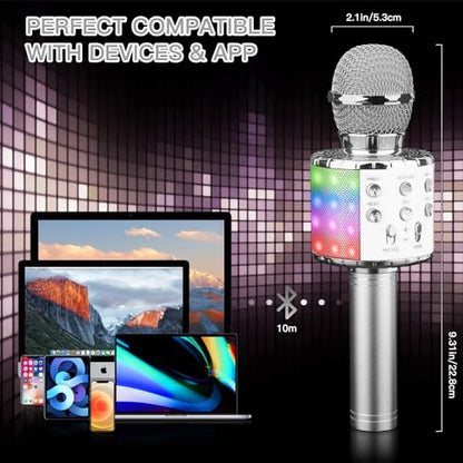 ShinePick Karaoke Microphone, 4 in 1 Wireless Microphone with LED Lights Handheld Portable Karaoke Machine, Home KTV Player, Compatible with Android & iOS Devices (Silver) - color: silver