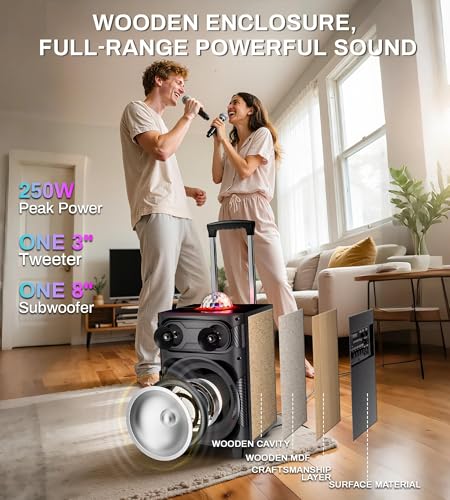 Karaoke Machine for Adults with 2 Wireless Microphones, BT PA System with Disco Ball LED Lights, Rolling Wheels, Tablet Holder, Remote Control, Support TWS/USB/AUX/TF/REC/FM for Home Parties