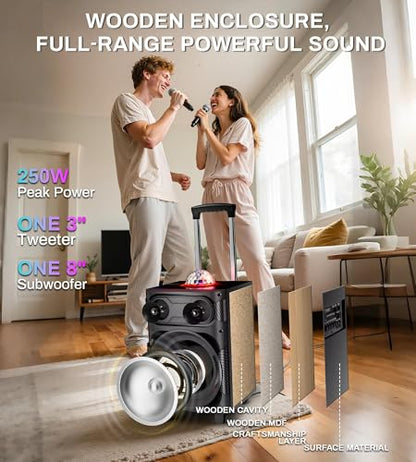 Karaoke Machine for Adults with 2 Wireless Microphones, BT PA System with Disco Ball LED Lights, Rolling Wheels, Tablet Holder, Remote Control, Support TWS/USB/AUX/TF/REC/FM for Home Parties