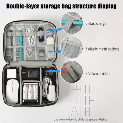 Travel Cable Organizer Pouch Electronic Accessories Carry Case Portable Waterproof Double Layers Storage Bag for Cord, Charger, Phone, Earphone,Black