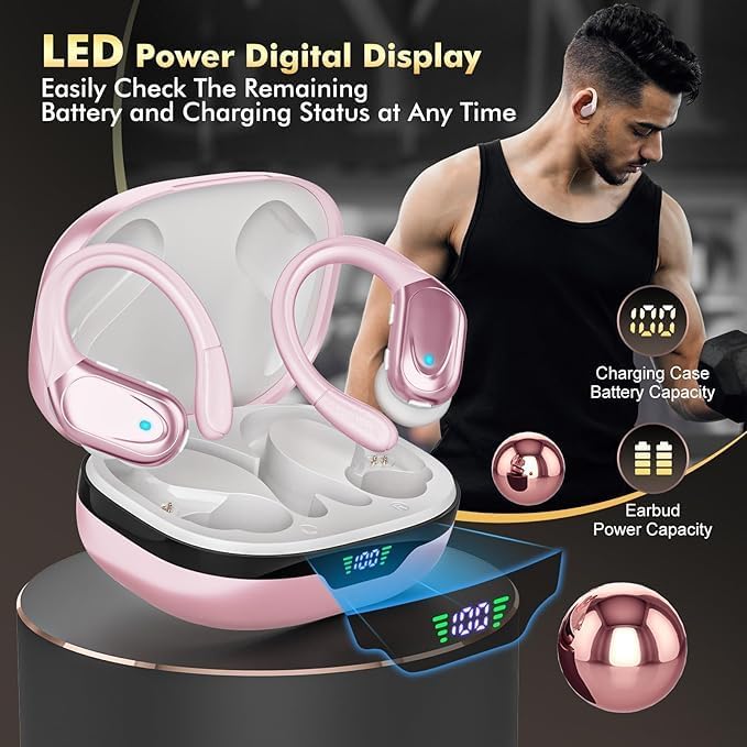 HAOYUYAN Wireless Earbuds, Sports Bluetooth Headphones, 80Hrs Playtime Ear Buds with LED Power Display, Noise Canceling Headset, IPX7 Waterproof Earphones for Workout/Running (Pink) - color: Pink