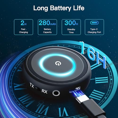 Bluetooth 5.3 Transmitter for TV/Airplane to Wireless Headphones | 2-in-1 Wireless Audio Receiver Adapter for Home Stereo/Speakers/Car System, 3.5mm AUX/RCA Jack, Dual Link, Low Latency, 16H