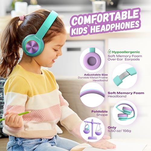 PowerLocus PLED Kids Bluetooth Headphones, Kids Wireless Headphones with LED Lights, 74/85/94dB Safe Volume, Micro SD, AUX Cable, Hi-Fi Stereo, Built-in Mic Over Ear Kid Headphone for Travel/Tablet/PC - color: Teal/Purple