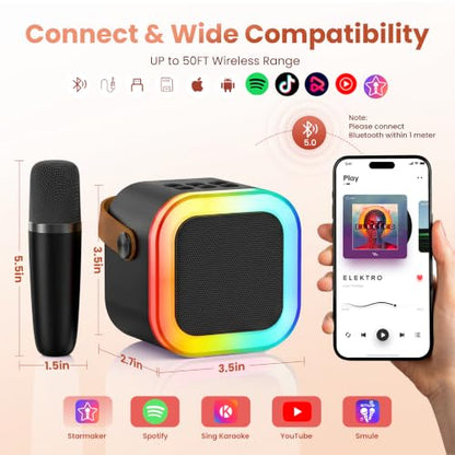 Mini Karaoke Machine, Portable Bluetooth Speaker & 2 Wireless Microphones | Karaoke Player Karaoke Microphone For Family Home Party Outdoor With HI-FI Sound | 5 Magic Sound | PA System | USB | TF | AUX - color: Black