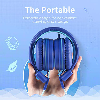POWMEE P10 Kids Stereo Headphones with Microphone for Children Boys Girls,Adjustable 85dB/94dB Volume Control Foldable On-Ear Headphone for School/PC/Cellphone(Blue) - color: Blue