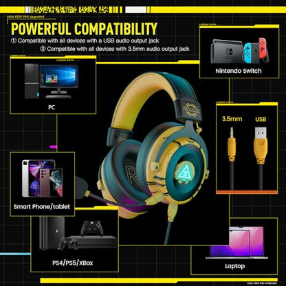 EKSA USB Gaming Headset for PC - Computer Headset with Detachable Noise Cancelling Mic, 7.1 Surround Sound, 50MM Driver - Headphones with Microphone for PS4/PS5, Xbox One, Laptop, Gamer - color: Wired Yellow