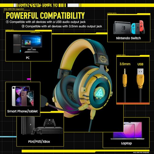 EKSA USB Gaming Headset for PC - Computer Headset with Detachable Noise Cancelling Mic, 7.1 Surround Sound, 50MM Driver - Headphones with Microphone for PS4/PS5, Xbox One, Laptop, Gamer - color: Wired Yellow