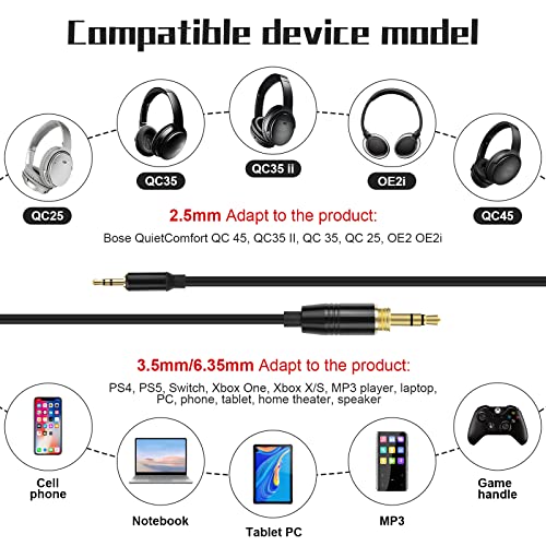 Coiled 2.5mm to 3.5mm & 6.35mm Audio Cable Compatible with Bose NC700 QC45 QC35 QC25 OE2 SoundLink Headphones, Spring Relief Replacement Aux Cord