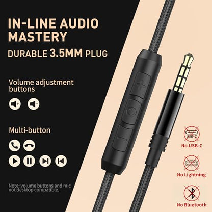 AILIHEN C90 Wired Headphones with Mic Volume Control Noise Isolating Black | Over Ear Headphones Wired for Teens and Adults, Super Soft, Foldable, Portable Bag, Durable 3.5mm for PC, Tablet&Chromebook - color: All Black