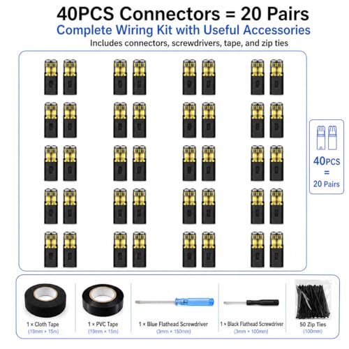 No Strip Solderless Speaker Wire Quick Disconnect Connectors Kit, Includes 40Pcs/20 Pairs, Tape, Zip Ties Install Tools, for Car Audio & 12V Automotive, 16-18 AWG