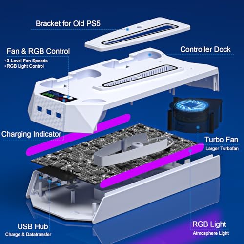 PS5 / PS5 Slim Cooling Station with Controller Charging Station - LED Light Cooling Stand for Playstation 5 Slim Disc/Digital Console, Accessories Incl RGB Light/Cooler Fan/3 USB Hubs/Headset Holder