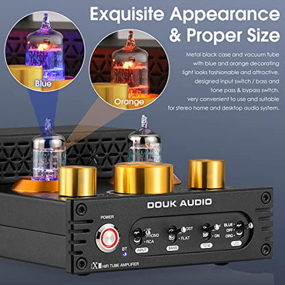 Douk Audio Tube Phono Amp: Bluetooth Receiver | 2-Channel Amplifier for MM Turntables | 160W×2 TDA7498E | Tone Control | for Desktop Vinyl HiFi Home Audio System (X1)