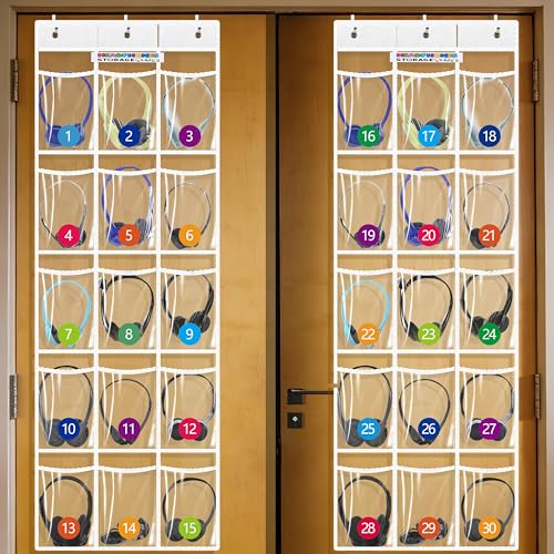 4-pack classroom headphone storage box, classroom organization, white | 60 Bags Clear PVC Door Charts with 124 Labels for Headphones and Cell Phones, Headphone Storage Classroom, Organization - size: 4 Pack