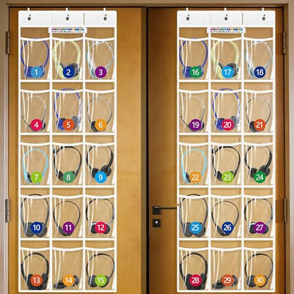 4-pack classroom headphone storage box, classroom organization, white | 60 Bags Clear PVC Door Charts with 124 Labels for Headphones and Cell Phones, Headphone Storage Classroom, Organization - size: 4 Pack