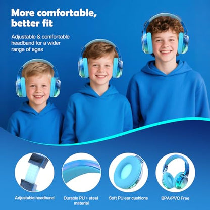 QearFun Kids Bluetooth Headphones, 60H Playtime, 74/85/94dB Volume Limit | For school, tablet, travel, kids wireless headphones feature HD mic, fast charging, foldable design, boys girls, wired mode - color: Blue