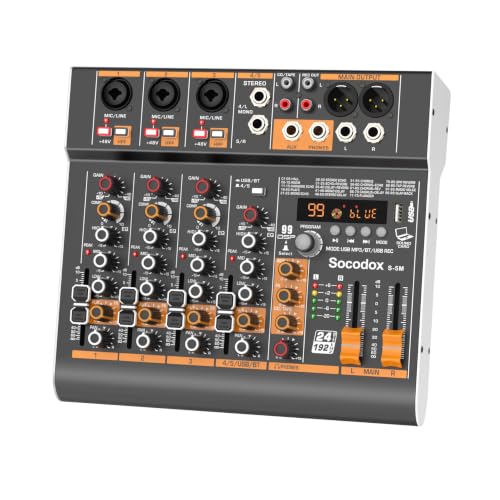 5 Channel Audio Mixer with Bluetooth & 99 DSP Effects for Streaming | 48V Phantom, 3-Band EQ, USB Rec, Stereo Inputs, Low Noise, Gain Control,Headphone Jack for Podcast, Church, Karaoke, Live
