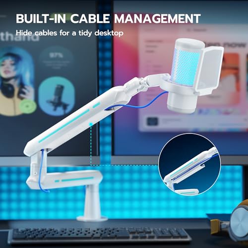 ARES WING Aluminum Low Profile Mic Arm with 4.4 lbs Load Capacity, White | Adjustable Microphone Boom Arm with 3/8” to 5/8” Screw Adapter, Desk Mount Mic Stand for Gaming Streaming Podcasting - color: White