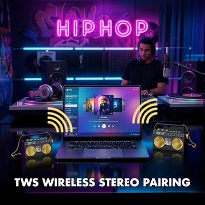 Portable Bluetooth Speakers, Retro Speakers Bluetooth Wireless Wearable | Mini Bluetooth Boombox with 27” Neck Chain, FM Radio, On-Board Buttons, Dual 3W Peak Power Bluetooth Speaker for Anywhere - color: Black/ Gold