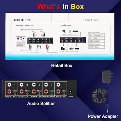 3.5mm Aux RCA L/R Audio Splitter 1 in 4 Out Audio Distributor Box | Share One 3.5mm or RCA Stereo Analog Audio Source with up to Four Powered Speakers, Subwoofers, Amplifiers, Receivers