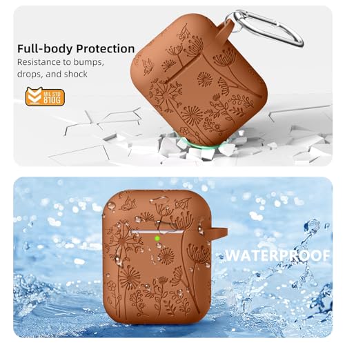 Lerobo for AirPod Case 2nd/1st Generation with Keychain | Soft Silicone Flower Engraved Shockproof Cover for AirPods 2 Case, Wireless Charging, Scratchproof, One-piece Design, Brown - color: Brown