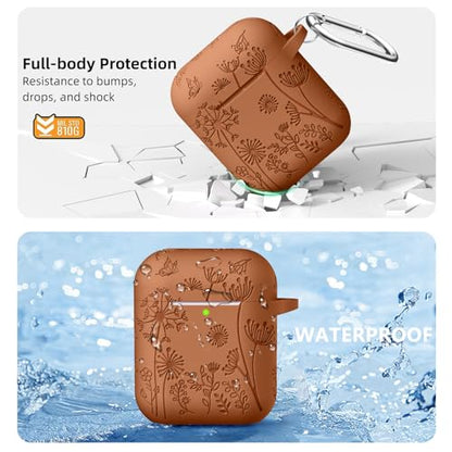 Lerobo for AirPod Case 2nd/1st Generation with Keychain | Soft Silicone Flower Engraved Shockproof Cover for AirPods 2 Case, Wireless Charging, Scratchproof, One-piece Design, Brown - color: Brown