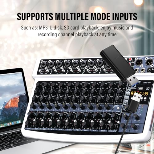 BOMGE 12 Channel Professional Audio Mixer, Bluetooth Studio Mixer with USB, 48V Power, XLR/RCA Inputs, 99 DSP Effects For Professional and Beginners (12F-W)