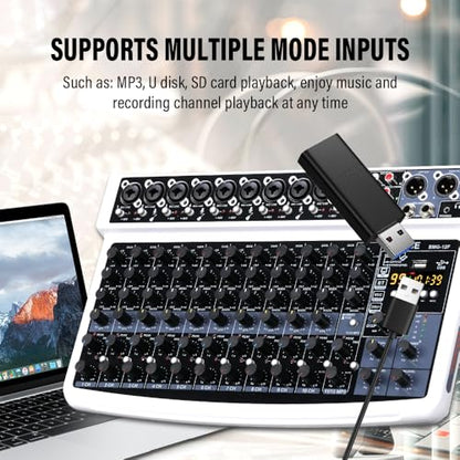 BOMGE 12 Channel Professional Audio Mixer, Bluetooth Studio Mixer with USB, 48V Power, XLR/RCA Inputs, 99 DSP Effects For Professional and Beginners (12F-W)