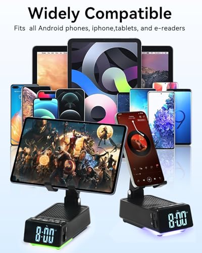Birthday Gifts for Women Men, 7 in 1 Multi-Function Phone Stand with Bluetooth Speaker, Portable Charger Alarm Clock LED Light USB Playback Hands-Free Calling (Black) - size: F30