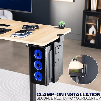 VIVO Adjustable Clamp-On Desk 3.5” to 7.8” Wide Office PC Mount, Computer Case CPU Holder with Swivel Action and Secure Locking, Black, MOUNT-PCC1S