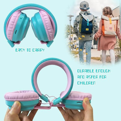 Mokata Kids Headphones Bluetooth 5.3 Wireless Lightweight Fast Charging 68 Hours Play Time Volume Limited 85/94dB Over Ear Foldable with Built-in Mic for Toddler Boy Girl Tablet Pad Cyan - color: Cyan
